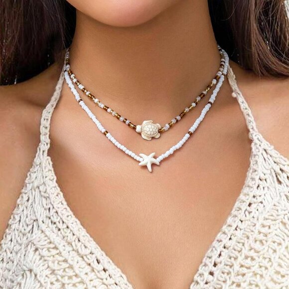 Bohemian Beaded Necklace for Women Layered Choker with Turtle Starfish Charm - Picture 3 of 6